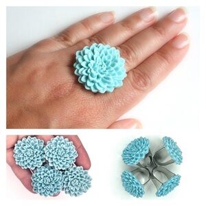 LOT OF 4 Light Blue Flower Rings Bundle - Adjustable